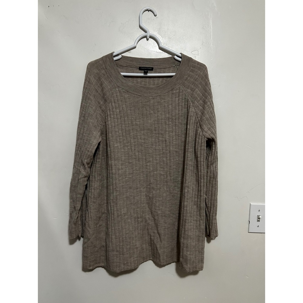 Eileen Fisher Merino Wool Ribbed Sweater Taupe Brown L Longline Raglan Knit
